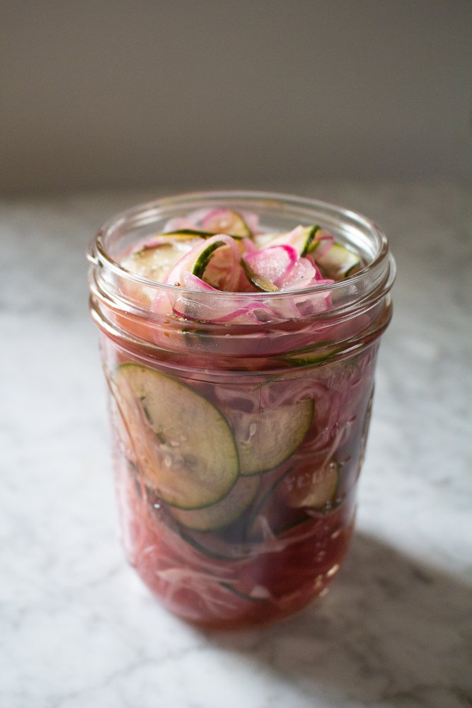quick pickled red onions and cucumber