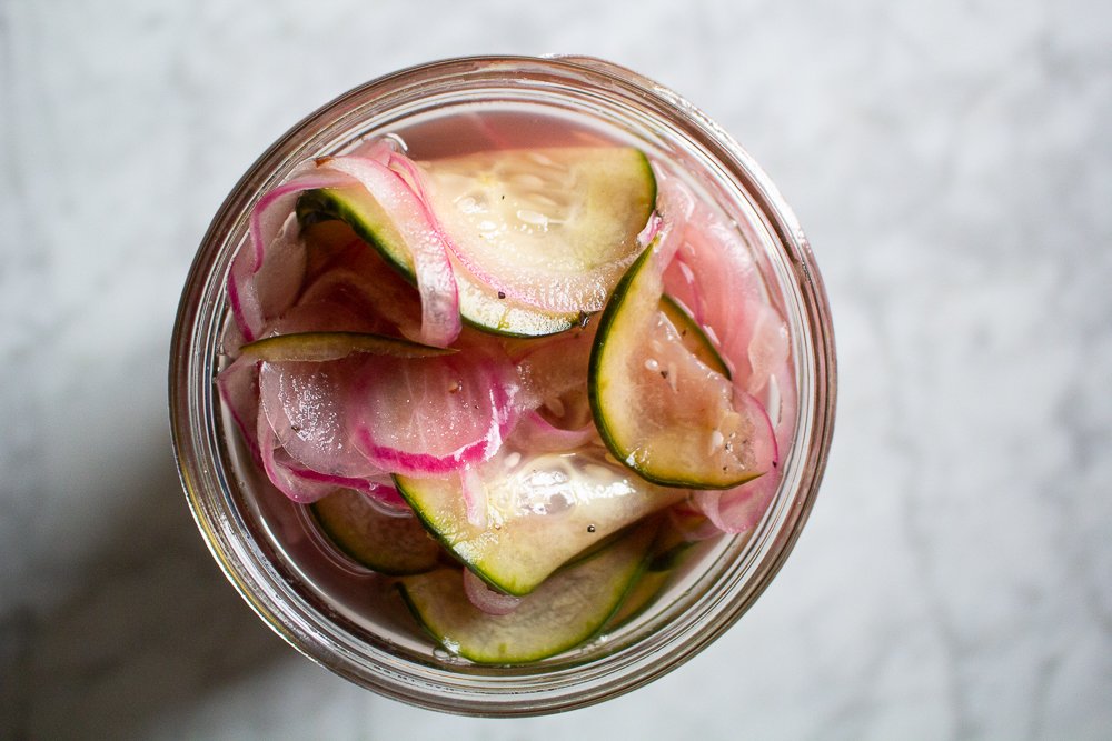 quick pickled red onions and cucumbers