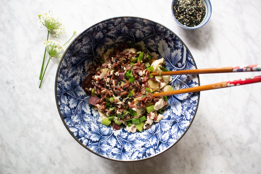 silken tofu with red rice and scallions