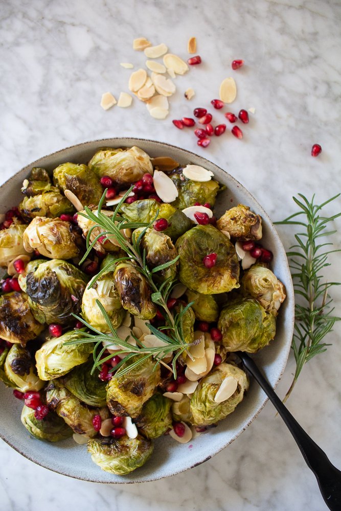 smashed brussels sprouts with pomegranate seeds
