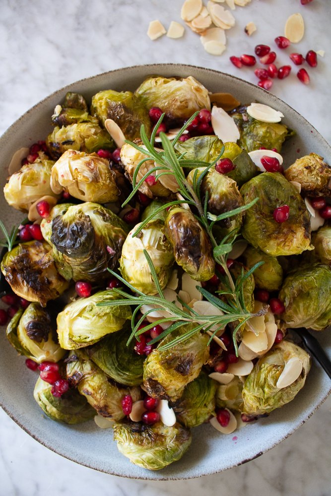 smashed Brussels sprouts with pomegranate seeds