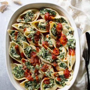 vegan stuffed shells with almond ricotta and spinach